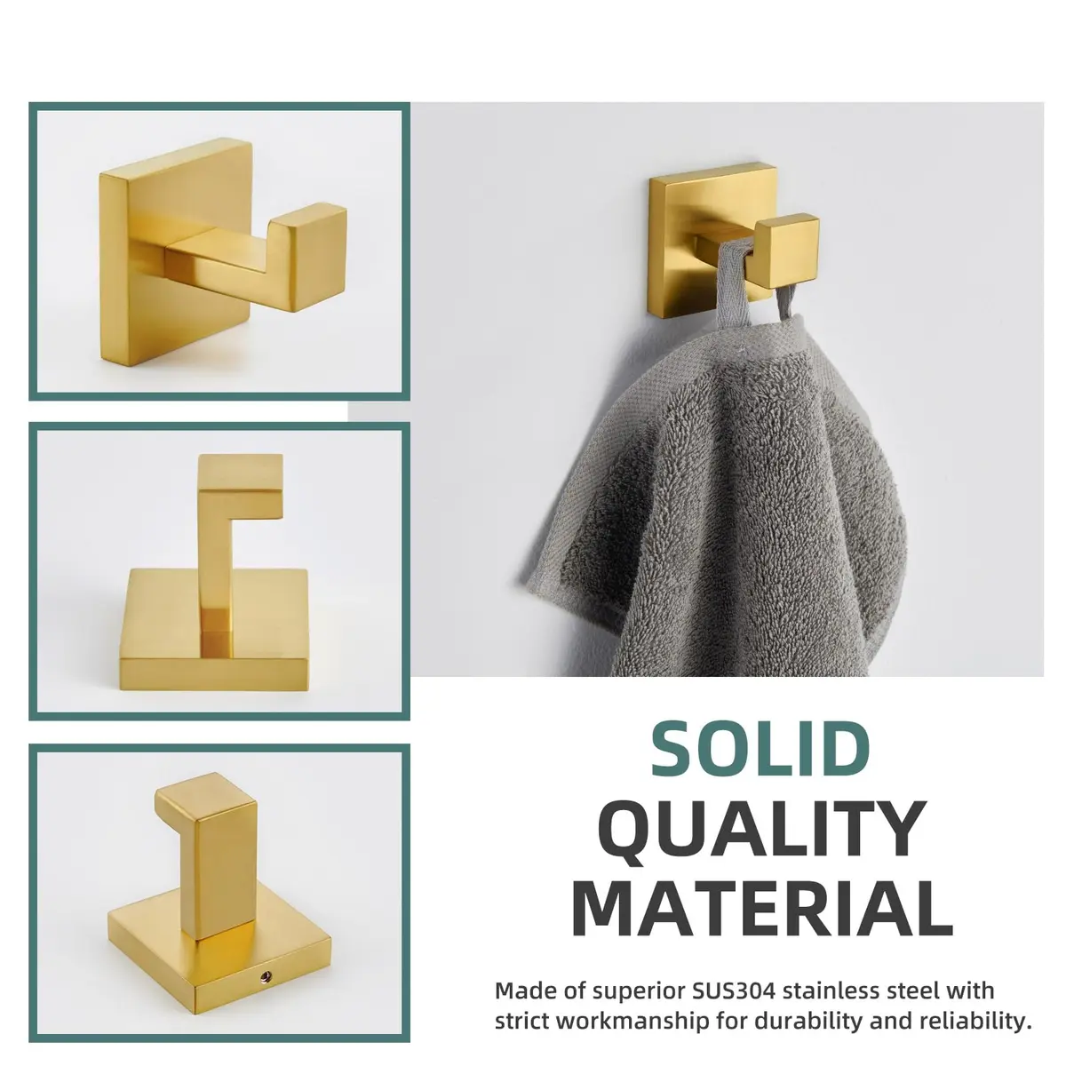Angle Simple Brushed Dark Gold Towel Hook, Coat Robe Holder for Bathroom | SUS304 Stainless Steel, Modern Wall Mount (55 x 60 x 55mm) - view 8