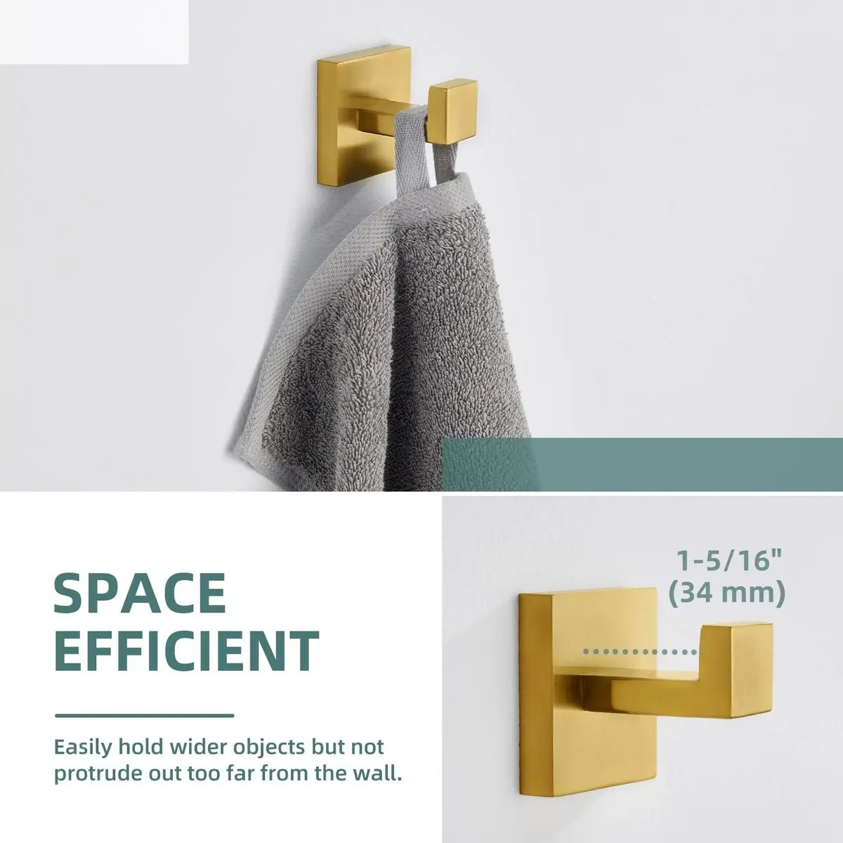 Angle Simple Brushed Dark Gold Towel Hook, Coat Robe Holder for Bathroom | SUS304 Stainless Steel, Modern Wall Mount (55 x 60 x 55mm) - view 4