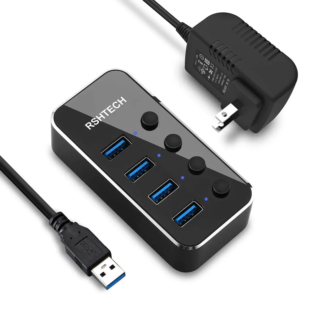 RSHTECH Powered USB Hub 4 Port | USB 3.0 Data Expander with Individual Switch & Aluminum Body - main product image