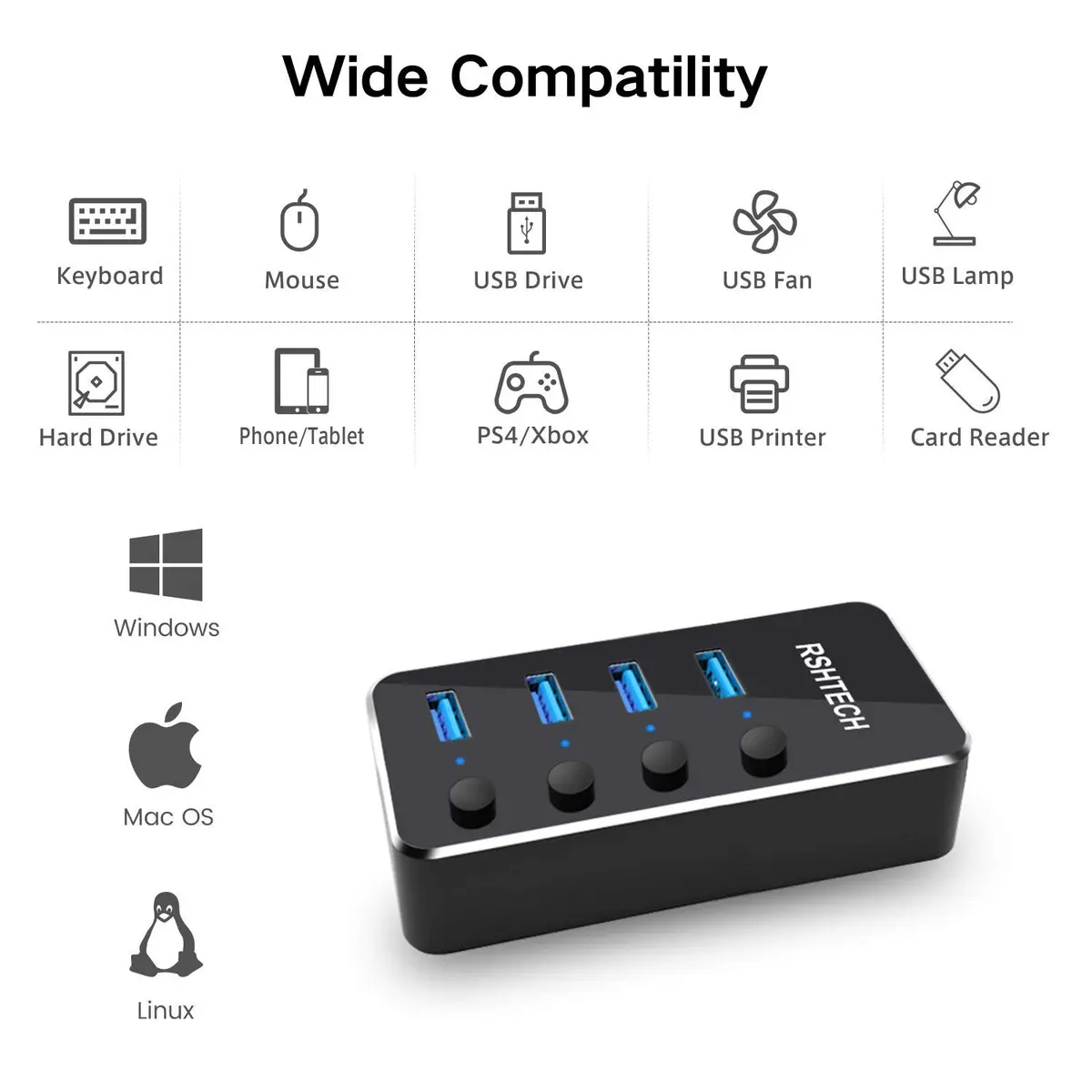 RSHTECH Powered USB Hub 4 Port | USB 3.0 Data Expander with Individual Switch & Aluminum Body - view 5