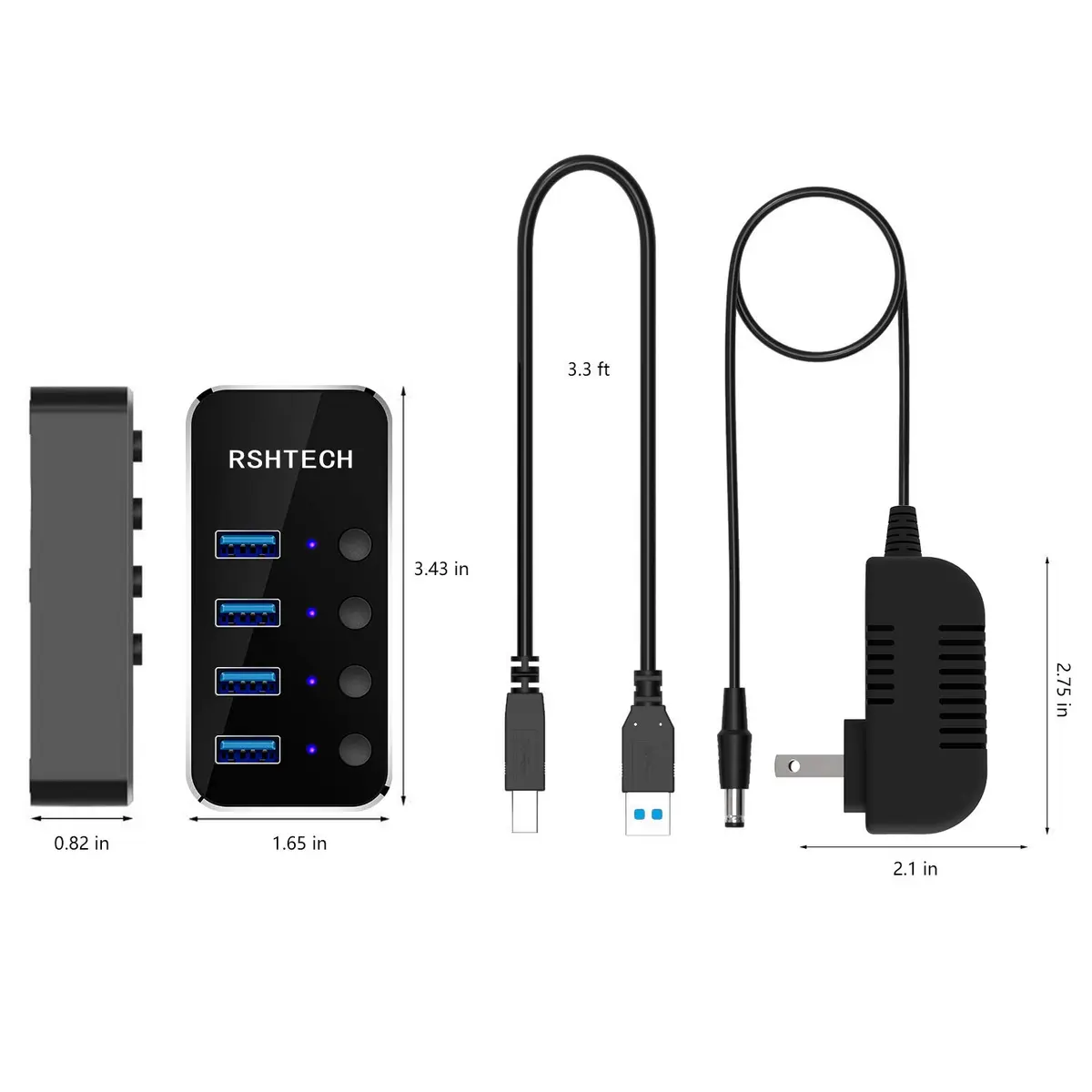 RSHTECH Powered USB Hub 4 Port | USB 3.0 Data Expander with Individual Switch & Aluminum Body - view 6