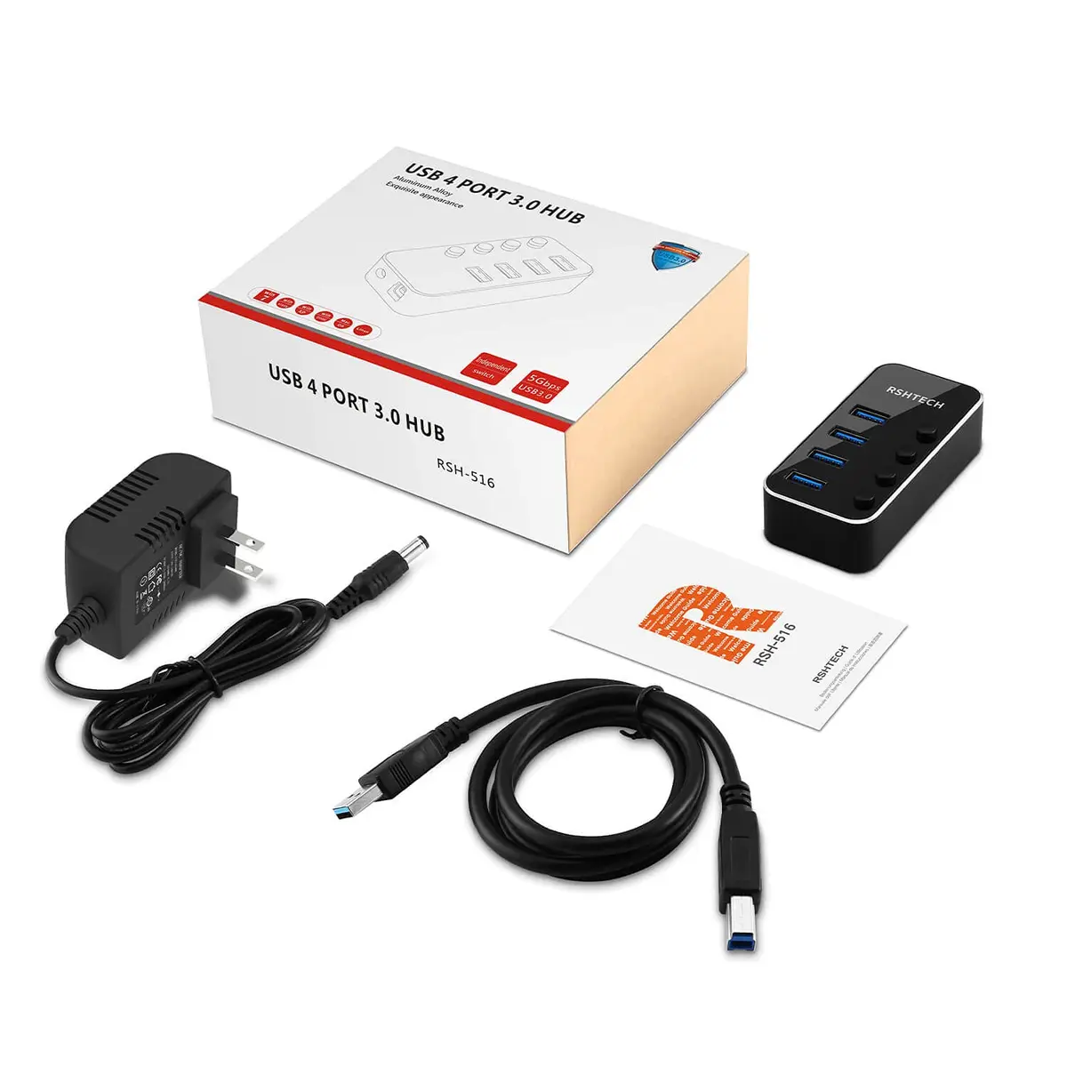 RSHTECH Powered USB Hub 4 Port | USB 3.0 Data Expander with Individual Switch & Aluminum Body - view 7