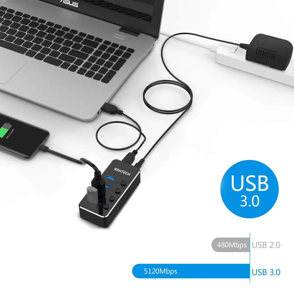 RSHTECH Powered USB Hub 4 Port | USB 3.0 Data Expander with Individual Switch & Aluminum Body - view 2
