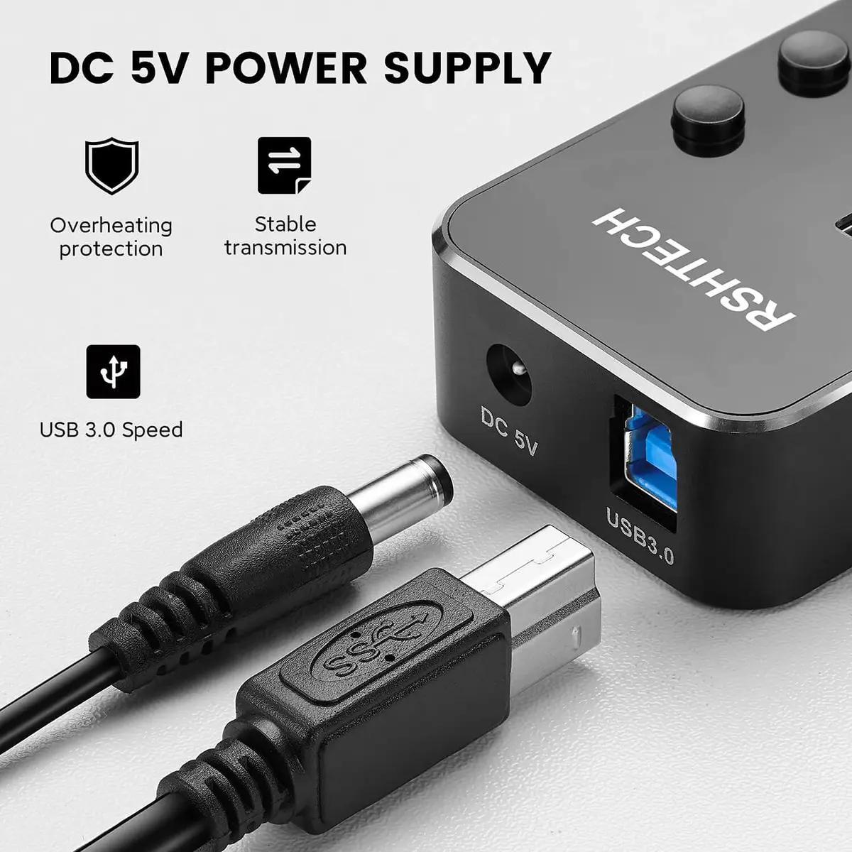 RSHTECH Powered USB Hub 4 Port | USB 3.0 Data Expander with Individual Switch & Aluminum Body - view 3