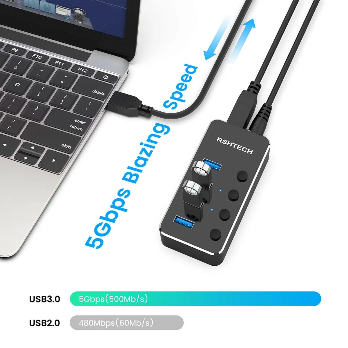 RSHTECH Powered USB Hub 4 Port | USB 3.0 Data Expander with Individual Switch & Aluminum Body - view 4