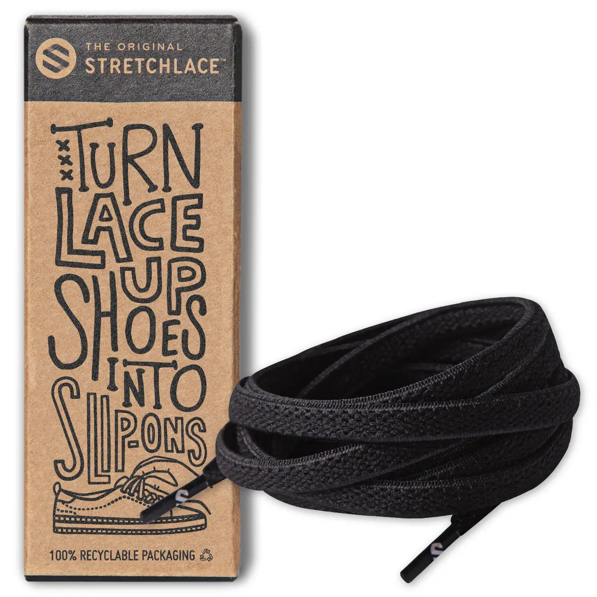 THE ORIGINAL STRETCHLACE Flat Elastic Stretch Shoelaces, Black, 45 in | No Tie, Comfortable Fit for All Ages - main product image