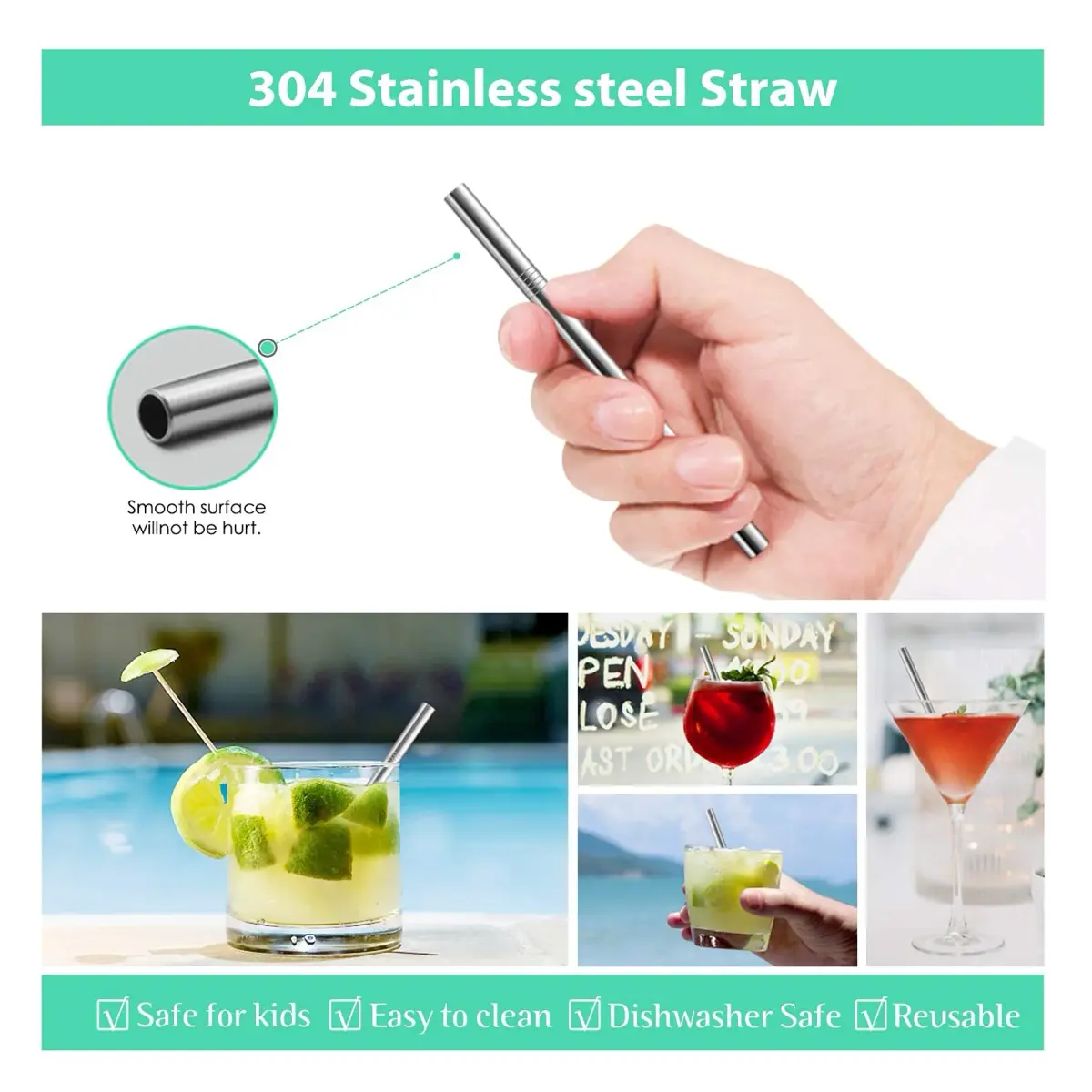 Teivio 5-inch Extra Short Reusable Stainless Steel Drink Straws 12 Pack (Silver) | Perfect for Cocktails & Small Glasses - view 4