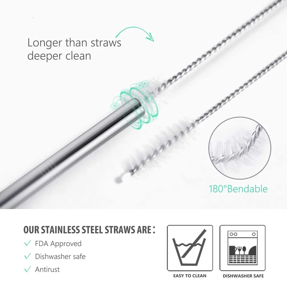 Teivio 5-inch Extra Short Reusable Stainless Steel Drink Straws 12 Pack (Silver) | Perfect for Cocktails & Small Glasses - view 7