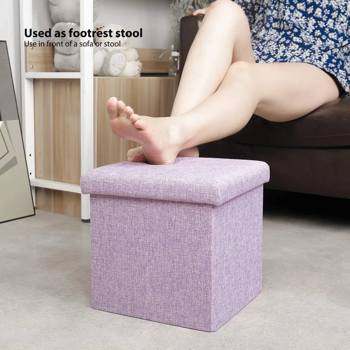 B FSOBEIIALEO Storage Ottoman Cube 11.8" Linen Light Purple | Space-Saving Foldable Footrest - view 5