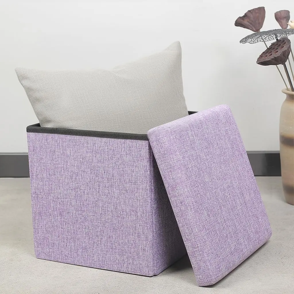 B FSOBEIIALEO Storage Ottoman Cube 11.8" Linen Light Purple | Space-Saving Foldable Footrest - view 2