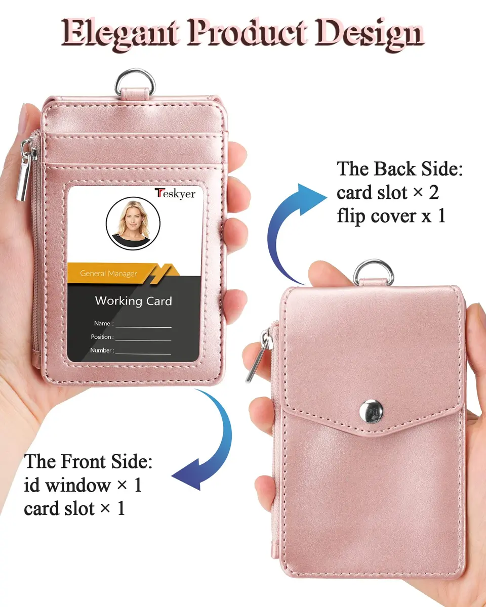Teskyer Leather ID Badge Holder with Lanyard, Rose Gold | Durable PU Leather Badge Wallet - view 4