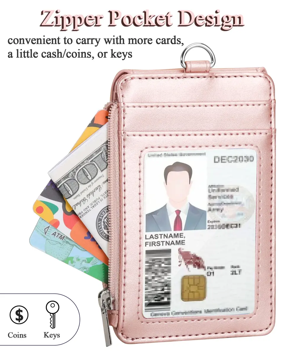 Teskyer Leather ID Badge Holder with Lanyard, Rose Gold | Durable PU Leather Badge Wallet - view 6