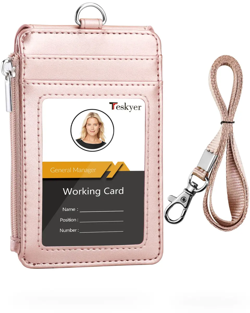 Teskyer Leather ID Badge Holder with Lanyard, Rose Gold | Durable PU Leather Badge Wallet - main product image