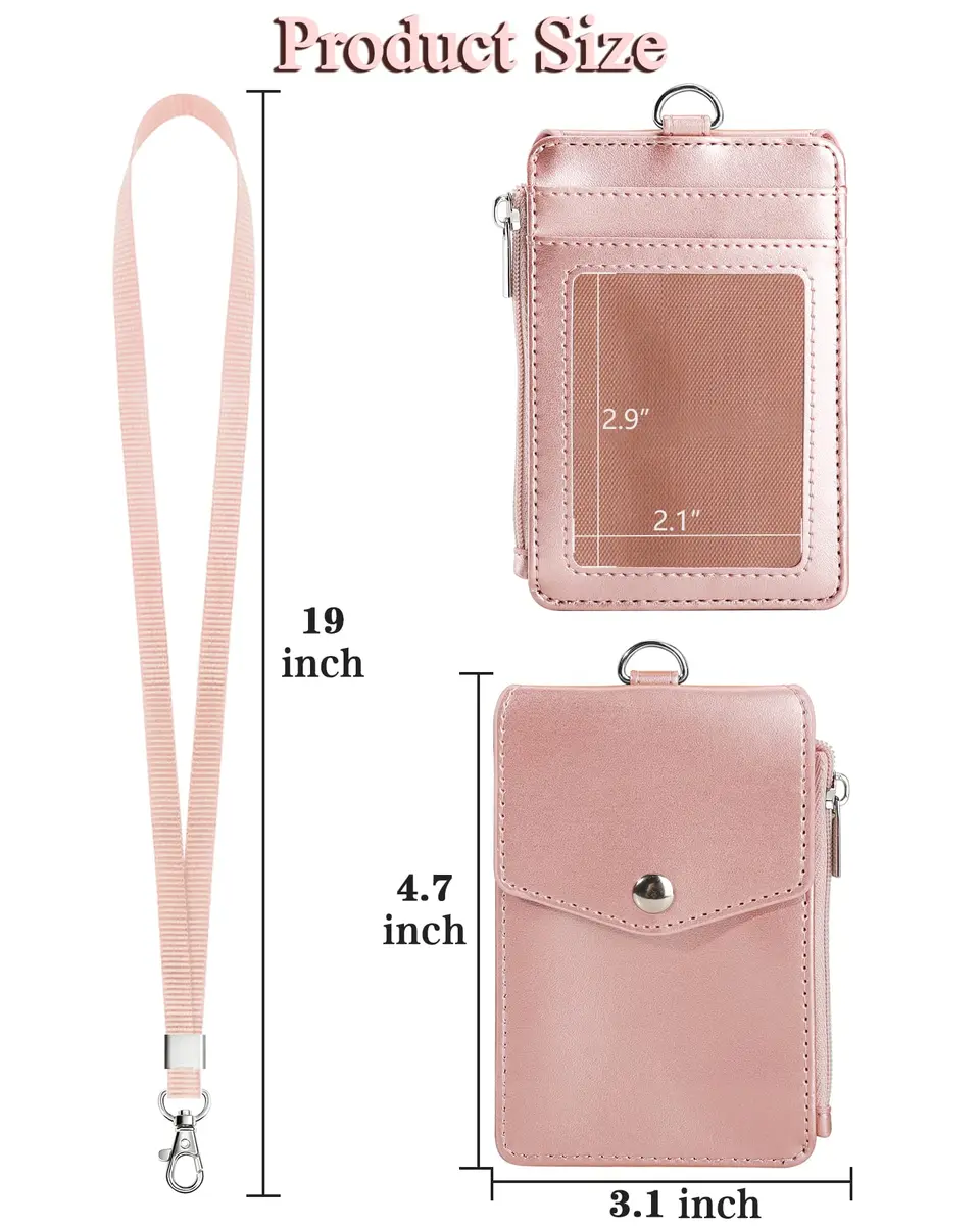 Teskyer Leather ID Badge Holder with Lanyard, Rose Gold | Durable PU Leather Badge Wallet - view 7
