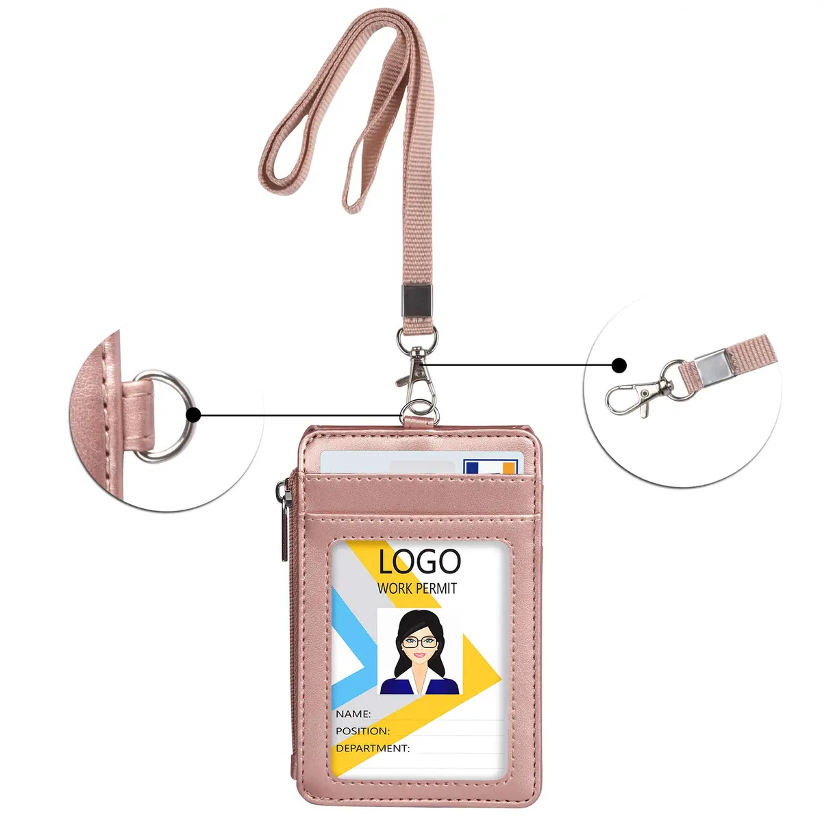 Teskyer Leather ID Badge Holder with Lanyard, Rose Gold | Durable PU Leather Badge Wallet - view 9