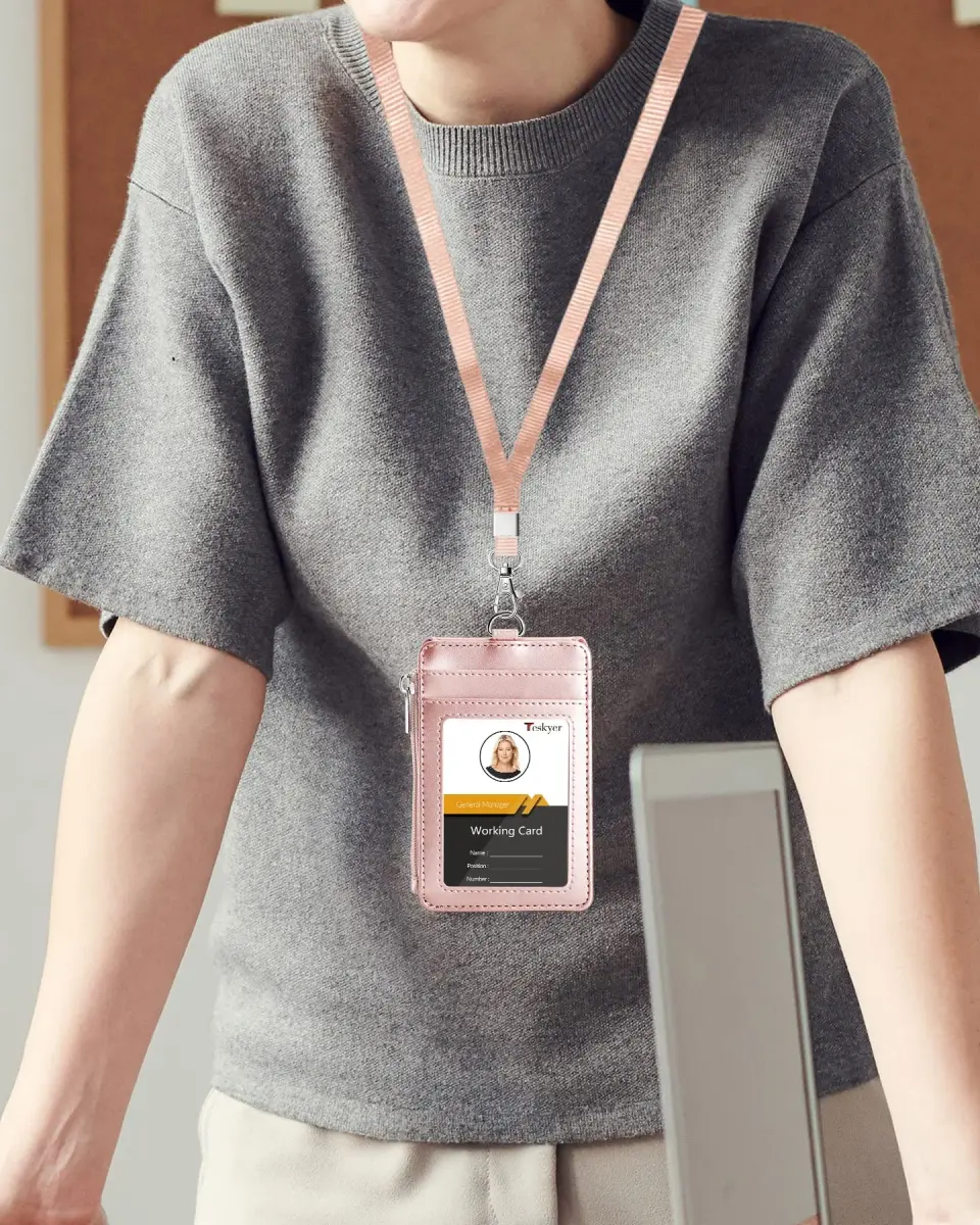 Teskyer Rose Gold PU Leather ID Badge Holder with Lanyard & Zipper Pocket | 3.1" x 4.7" - view 2