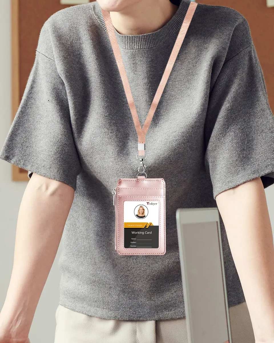 Teskyer Leather ID Badge Holder with Lanyard, Rose Gold | Durable PU Leather Badge Wallet - view 2