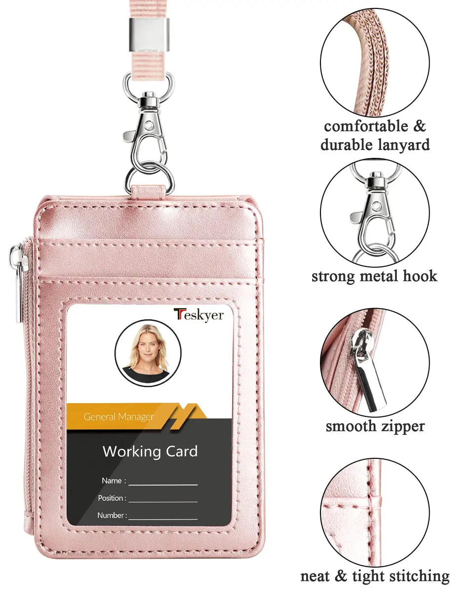 Teskyer Leather ID Badge Holder with Lanyard, Rose Gold | Durable PU Leather Badge Wallet - view 3