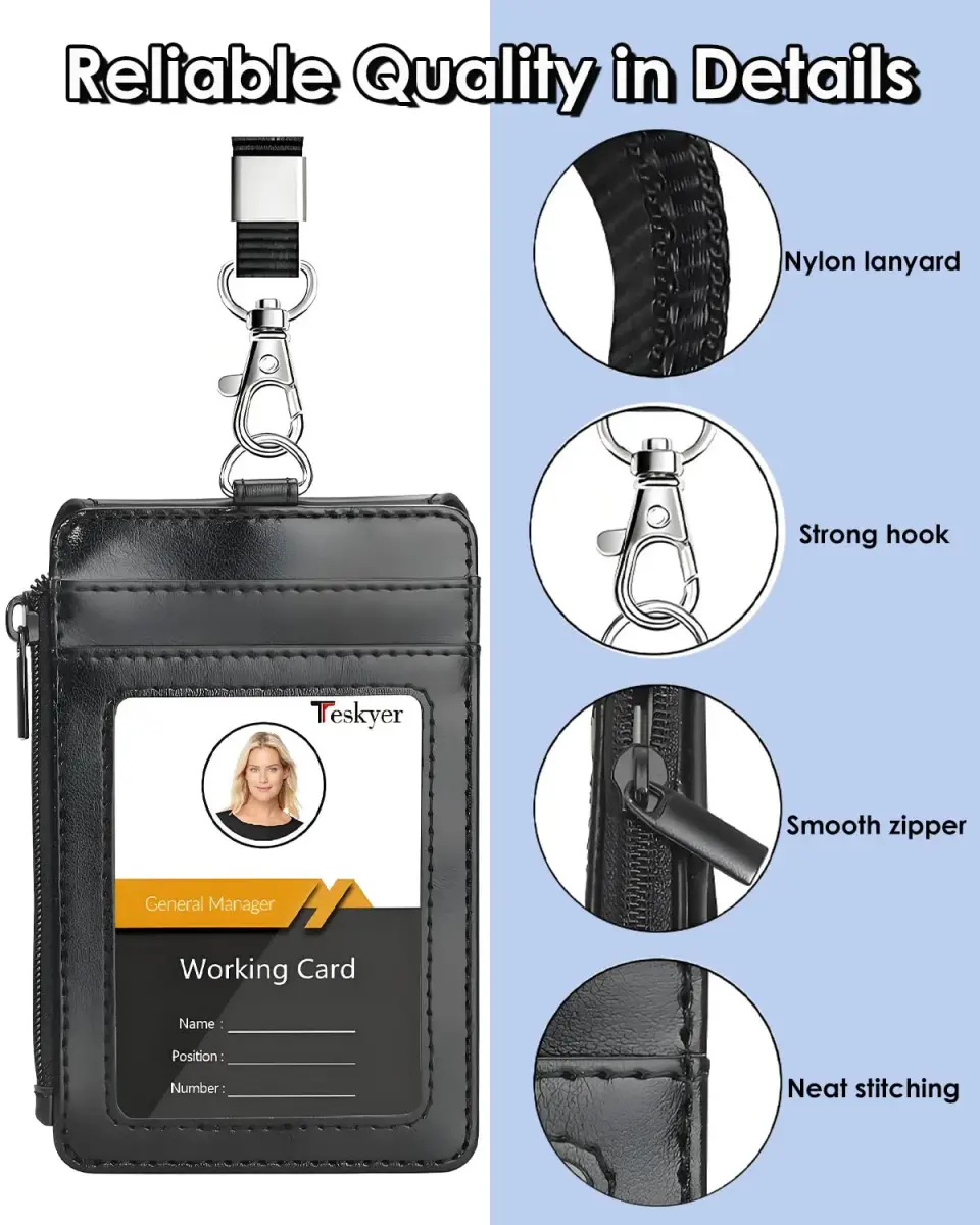 Teskyer Black PU Leather ID Badge Holder with Lanyard & Zipper Pocket | 4 Card Slots, 1 Clear ID Window - view 5