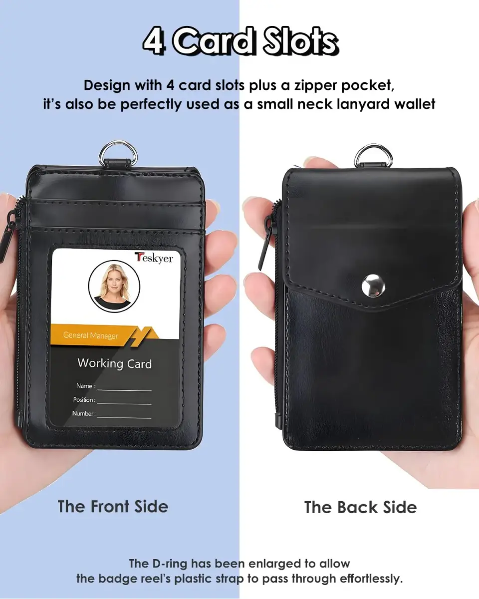 Teskyer Black PU Leather ID Badge Holder with Lanyard & Zipper Pocket | 4 Card Slots, 1 Clear ID Window - view 2