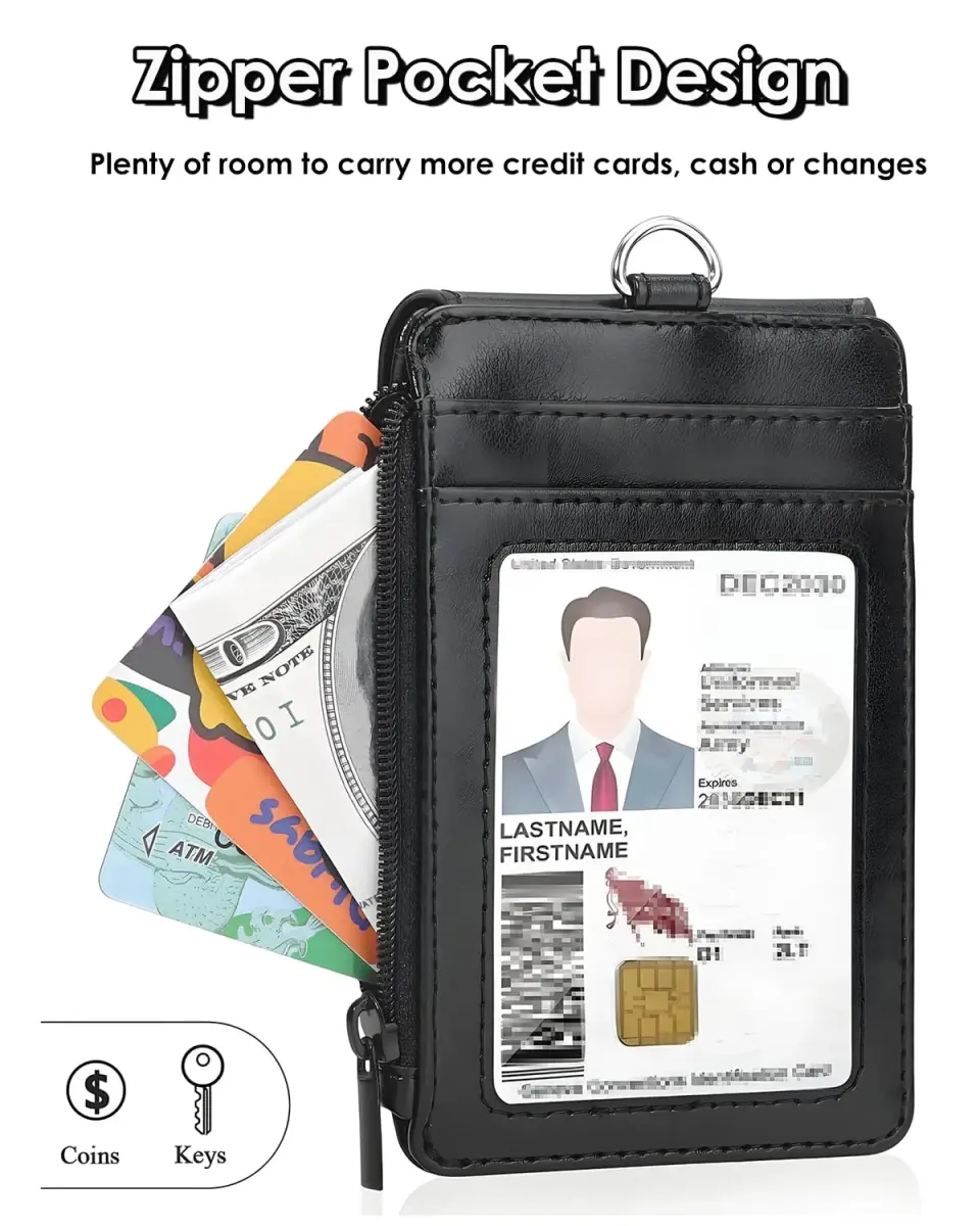 Teskyer Black PU Leather ID Badge Holder with Lanyard & Zipper Pocket | 4 Card Slots, 1 Clear ID Window - view 4