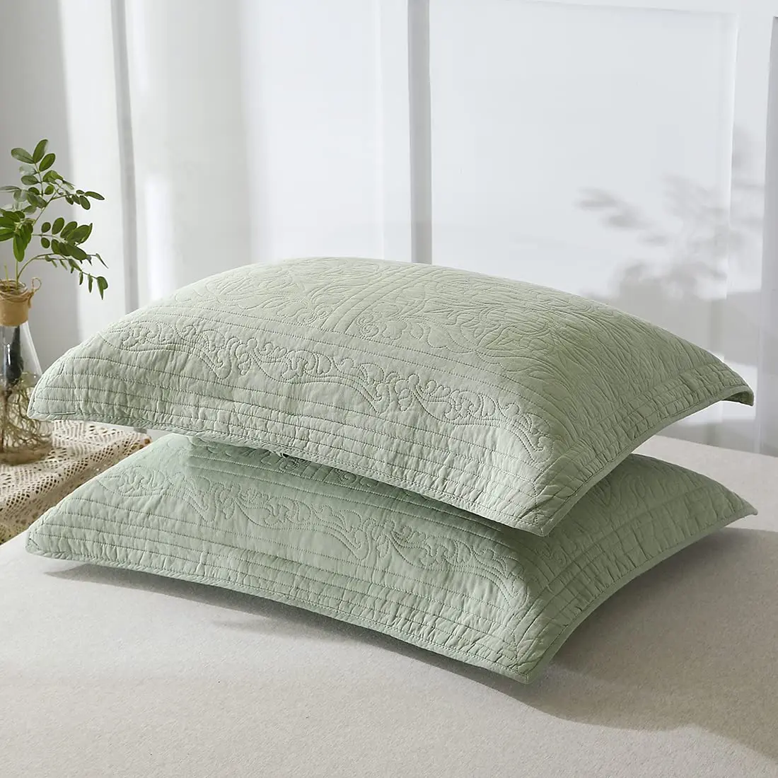WINLIFE 100% Cotton Quilted Pillow Sham Floral Printed Pillow Cover Sage Green | Standard Size, 20 x 26 Inch - view 2
