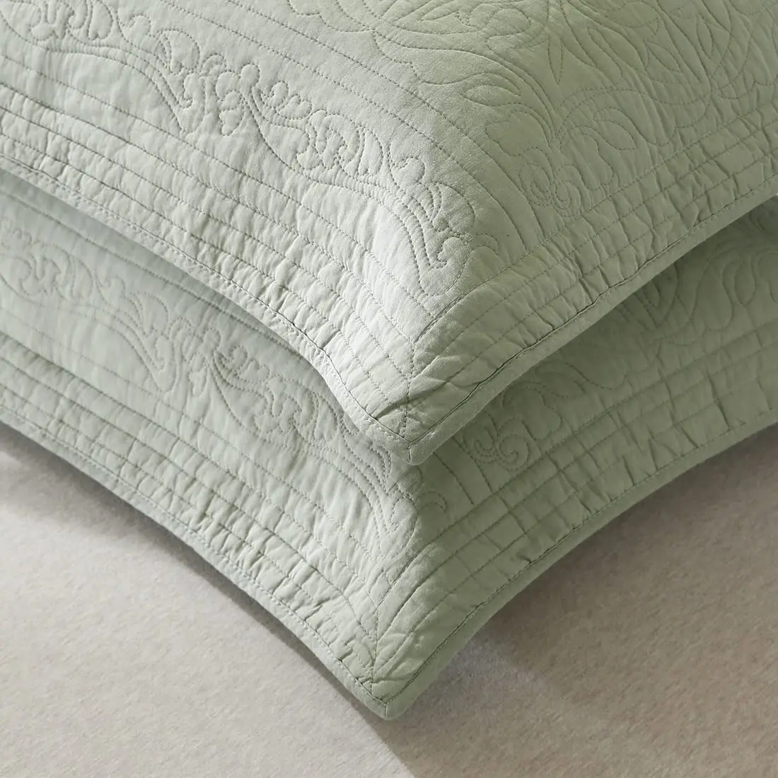WINLIFE 100% Cotton Quilted Pillow Sham Floral Printed Pillow Cover Sage Green | Standard Size, 20 x 26 Inch - view 3