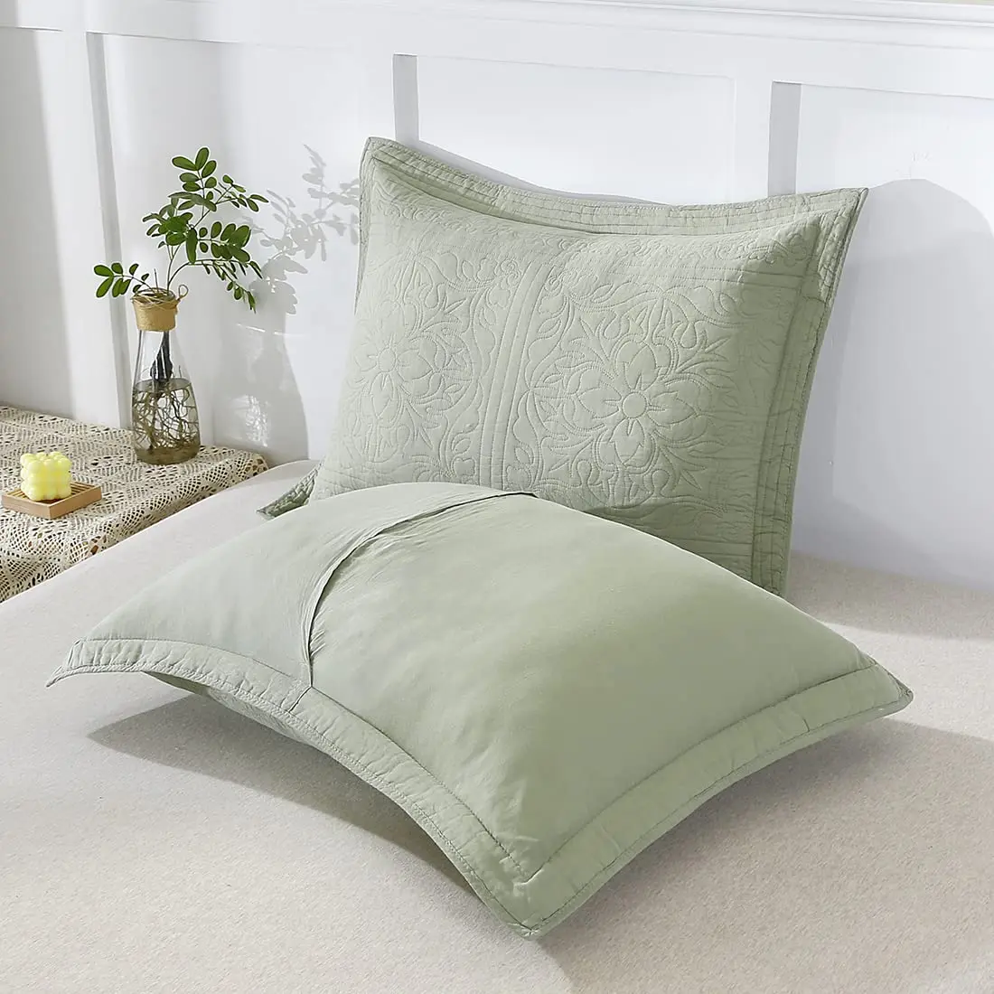 WINLIFE 100% Cotton Quilted Pillow Sham Floral Printed Pillow Cover Sage Green | Standard Size, 20 x 26 Inch - view 4