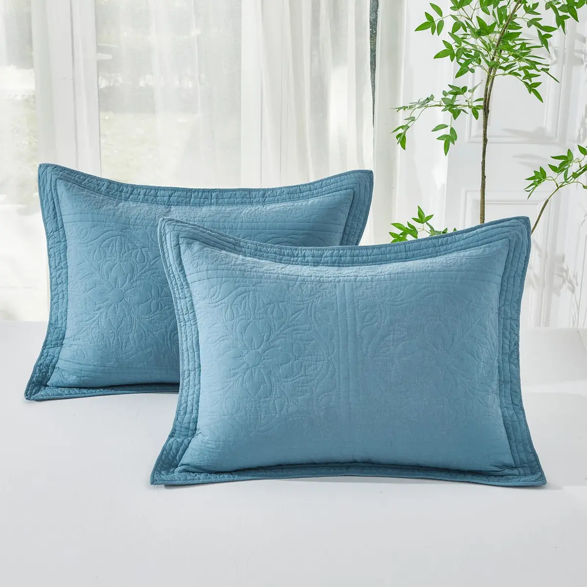 WINLIFE 100% Cotton Quilted Pillow Sham Floral Printed Pillow Cover Standard Size (Mineral Blue) | Breathable & Durable - main product image