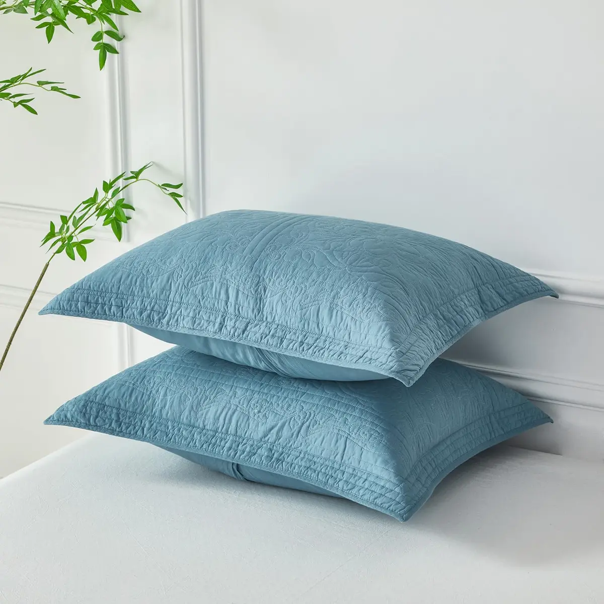 WINLIFE 100% Cotton Quilted Pillow Sham Floral Printed Pillow Cover Standard Size (Mineral Blue) | Breathable & Durable - view 2