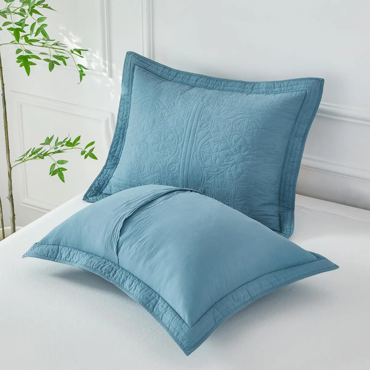 WINLIFE 100% Cotton Quilted Pillow Sham Floral Printed Pillow Cover Standard Size (Mineral Blue) | Breathable & Durable - view 4