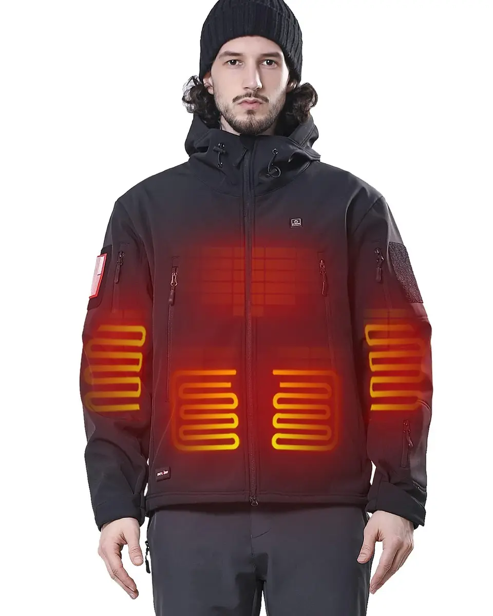 DEWBU Heated Jacket for Men with 12V Battery Pack | Soft Shell, Water Resistant, 5 Heating Zones, Black, 2XL - main product image