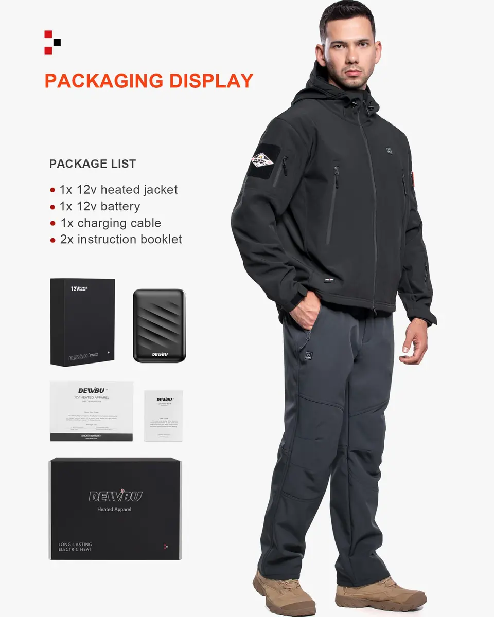 DEWBU Heated Jacket for Men with 12V Battery Pack | Soft Shell, Water Resistant, 5 Heating Zones, Black, 2XL - view 6