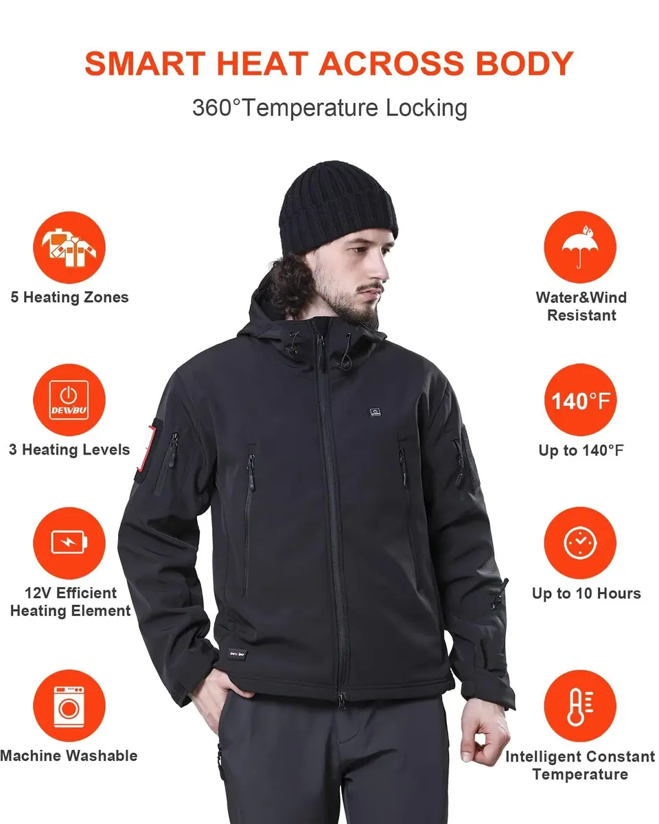DEWBU Heated Jacket for Men with 12V Battery Pack | Soft Shell, Water Resistant, 5 Heating Zones, Black, 2XL - view 3