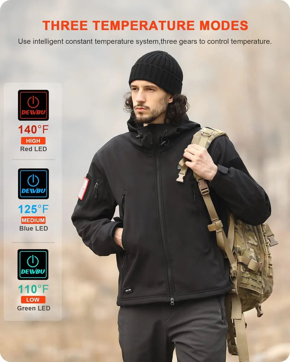 DEWBU Heated Jacket for Men with 12V Battery Pack | Soft Shell, Water Resistant, 5 Heating Zones, Black, 2XL - view 4