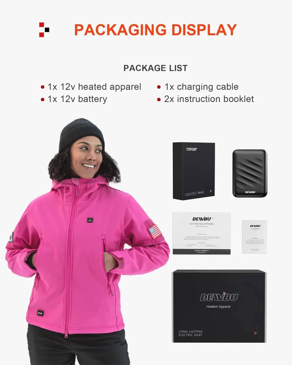 DEWBU Women's Heated Jacket with 12V Battery Pack | Winter Soft Shell Coat, Rose Red, Large - view 6