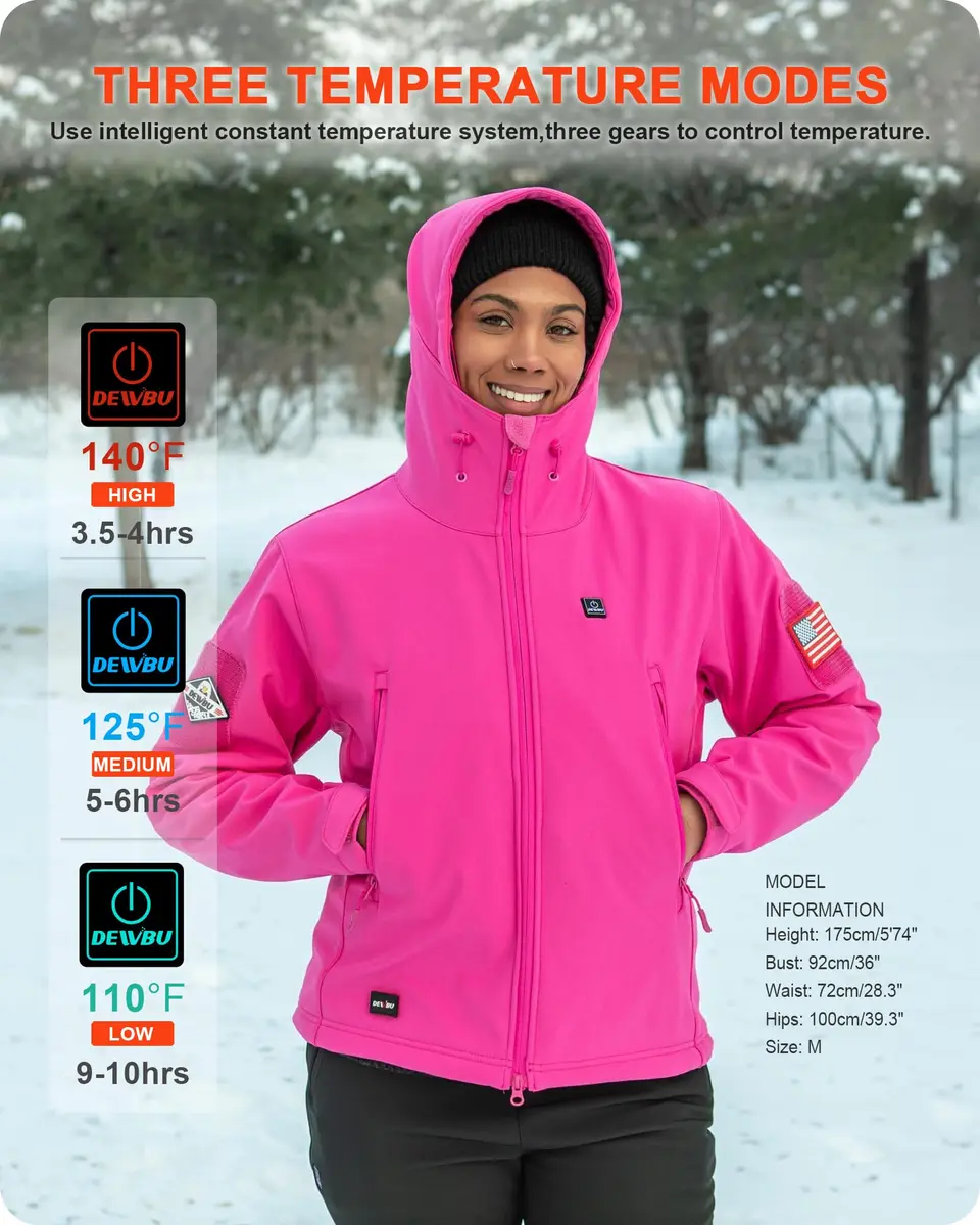 DEWBU Women's Heated Jacket with 12V Battery Pack | Winter Soft Shell Coat, Rose Red, Large - view 4