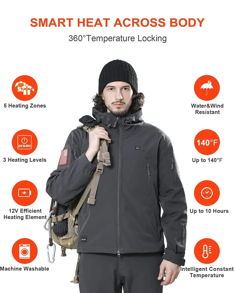 DEWBU Heated Jacket for Men with 12V Battery Pack, Grey, 3XL | 5 Heating Zones, Water Resistant, Winter Outdoor - view 3