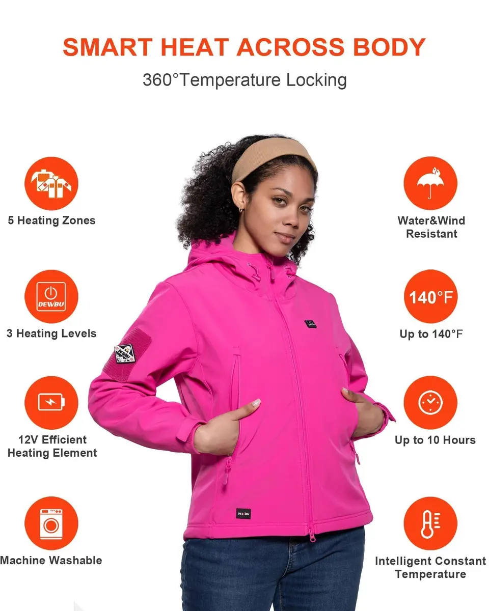 DEWBU Women’s Heated Jacket with 12V Battery Pack | Winter Electric Soft Shell Coat, Rose Red, XS - view 3