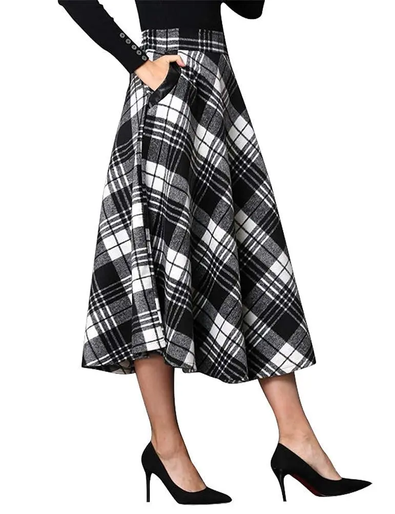 IDEALSANXUN Midi Plaid Skirt for Women High Waist Fall Winter | Classic Pleated Maxi - main product image