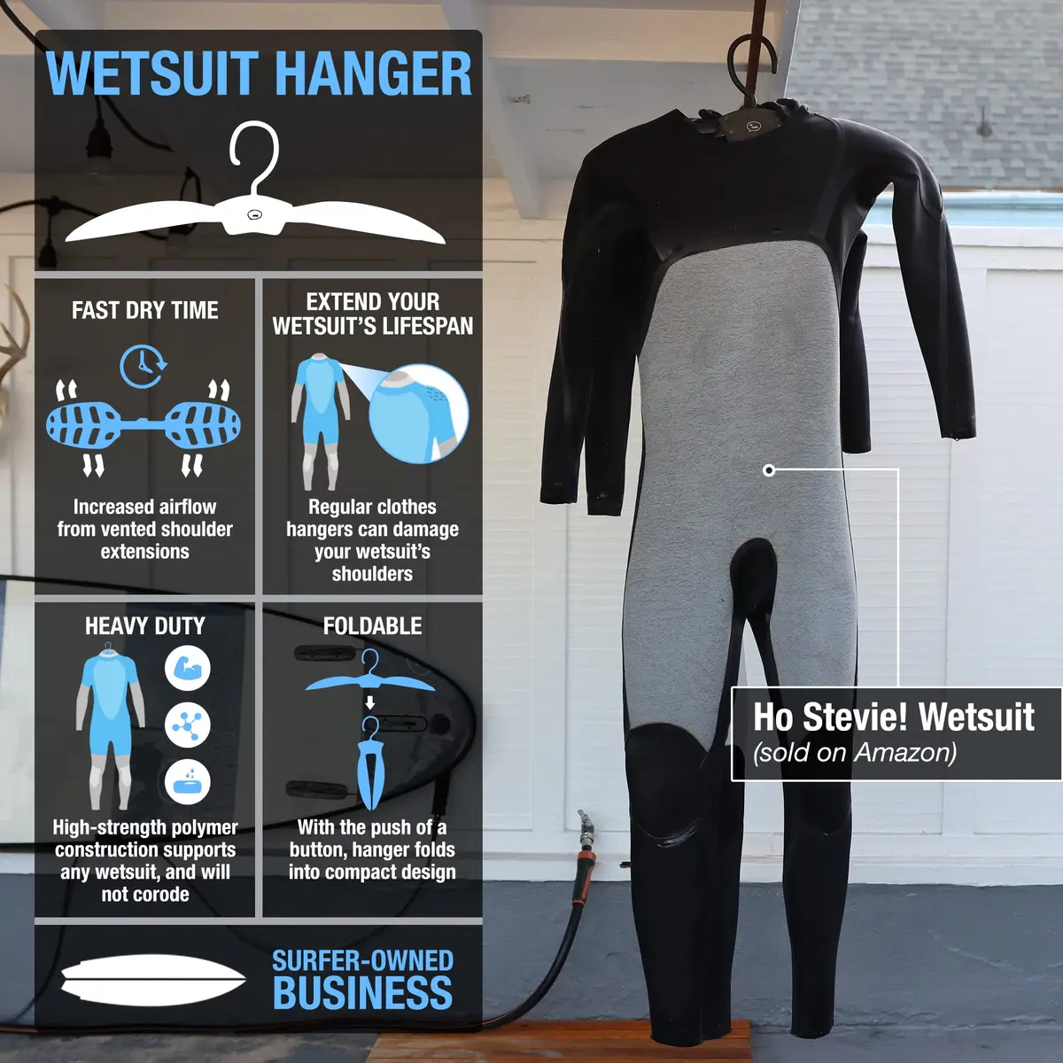Ho Stevie! Wetsuit Hanger - Support & Fast Drying, Vented Shoulder for All Wetsuits - view 2