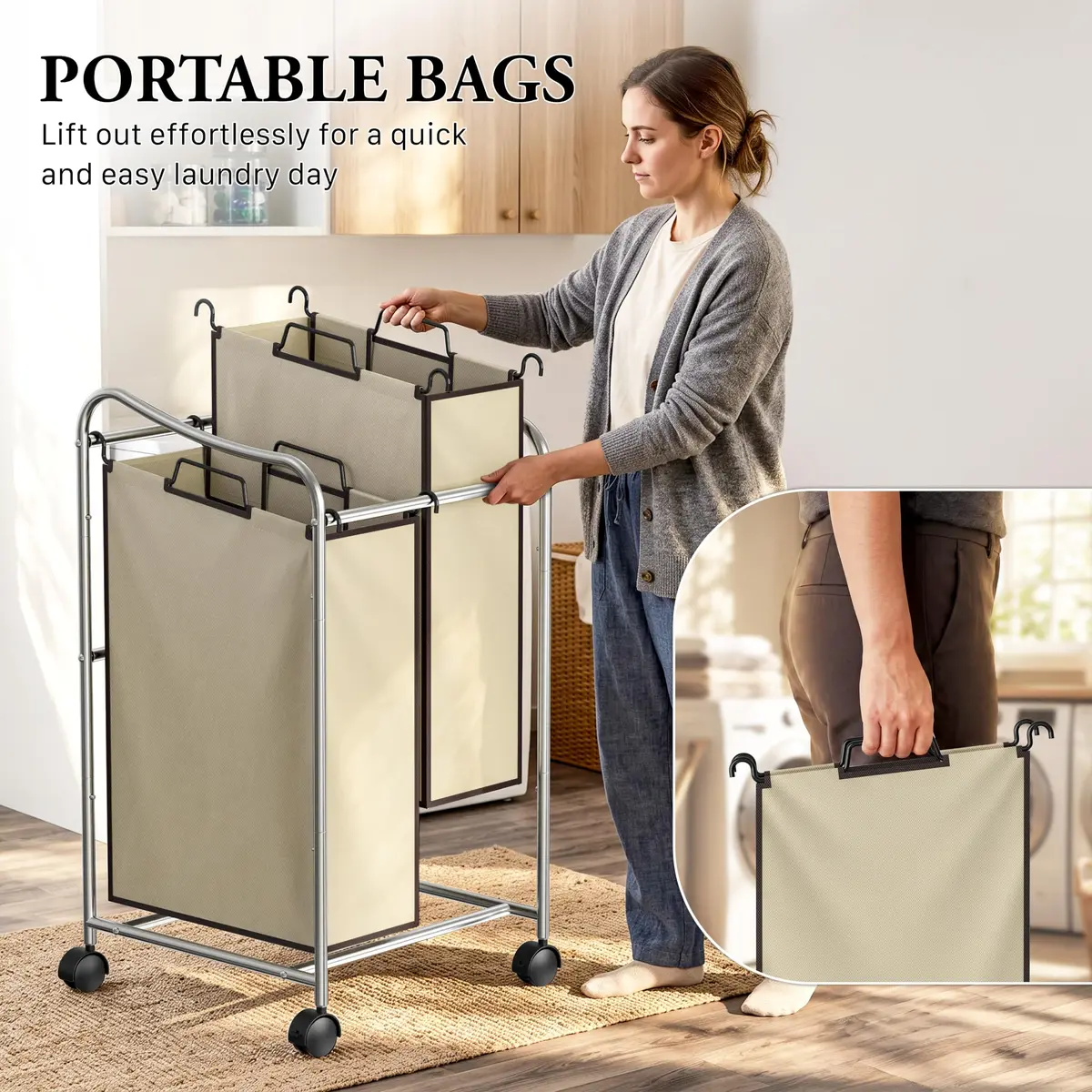 Simple Houseware 2-Bag Heavy Duty Laundry Sorter Rolling Cart, Chrome | Space-Saving Laundry Organizer with Removable Bags - view 6