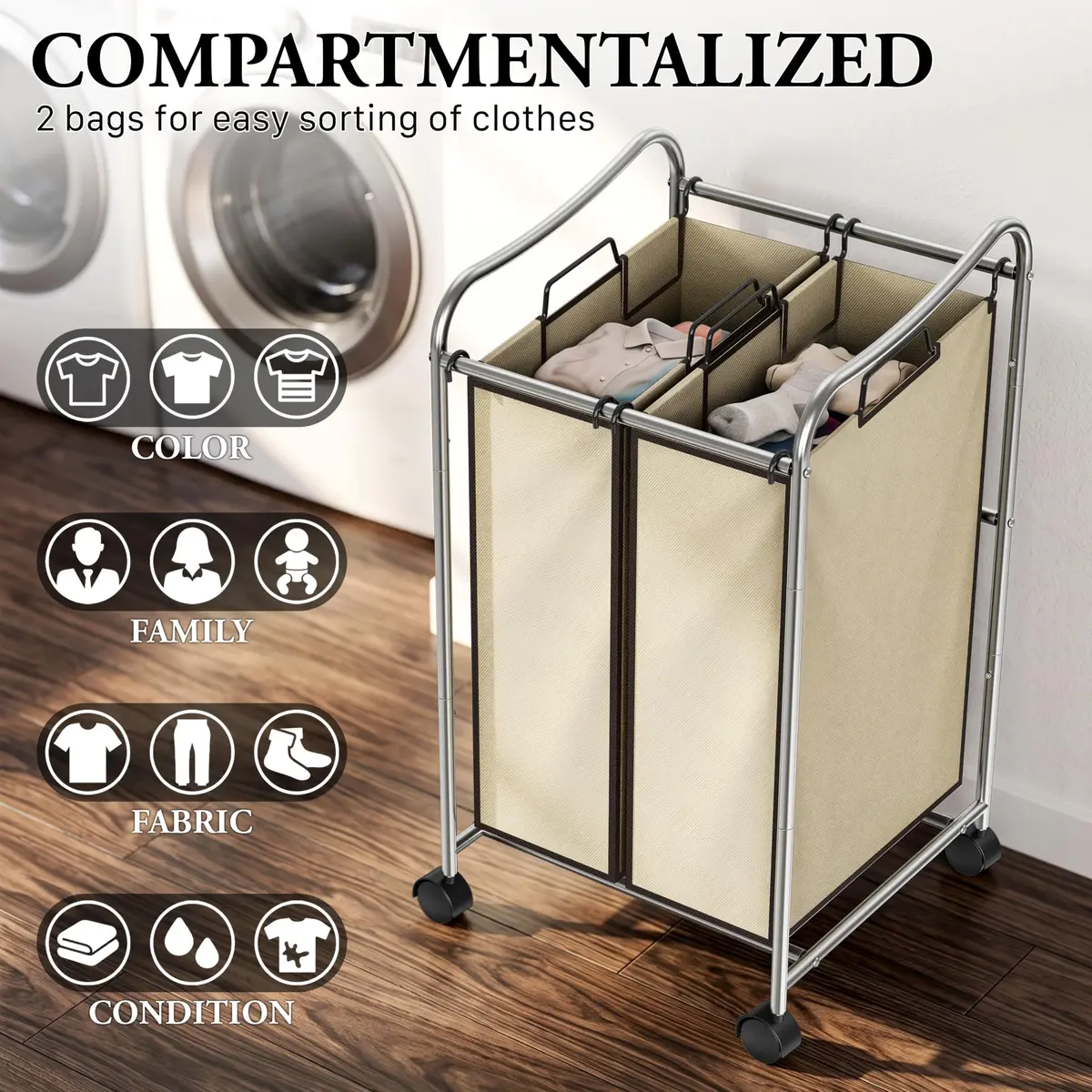 Simple Houseware 2-Bag Heavy Duty Laundry Sorter Rolling Cart, Chrome | Space-Saving Laundry Organizer with Removable Bags - view 7