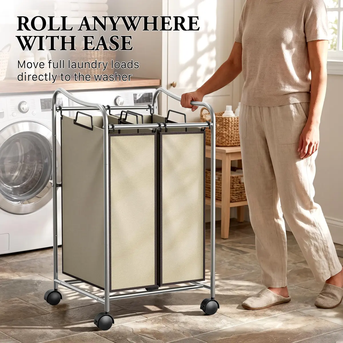 Simple Houseware 2-Bag Heavy Duty Laundry Sorter Rolling Cart, Chrome | Space-Saving Laundry Organizer with Removable Bags - view 8