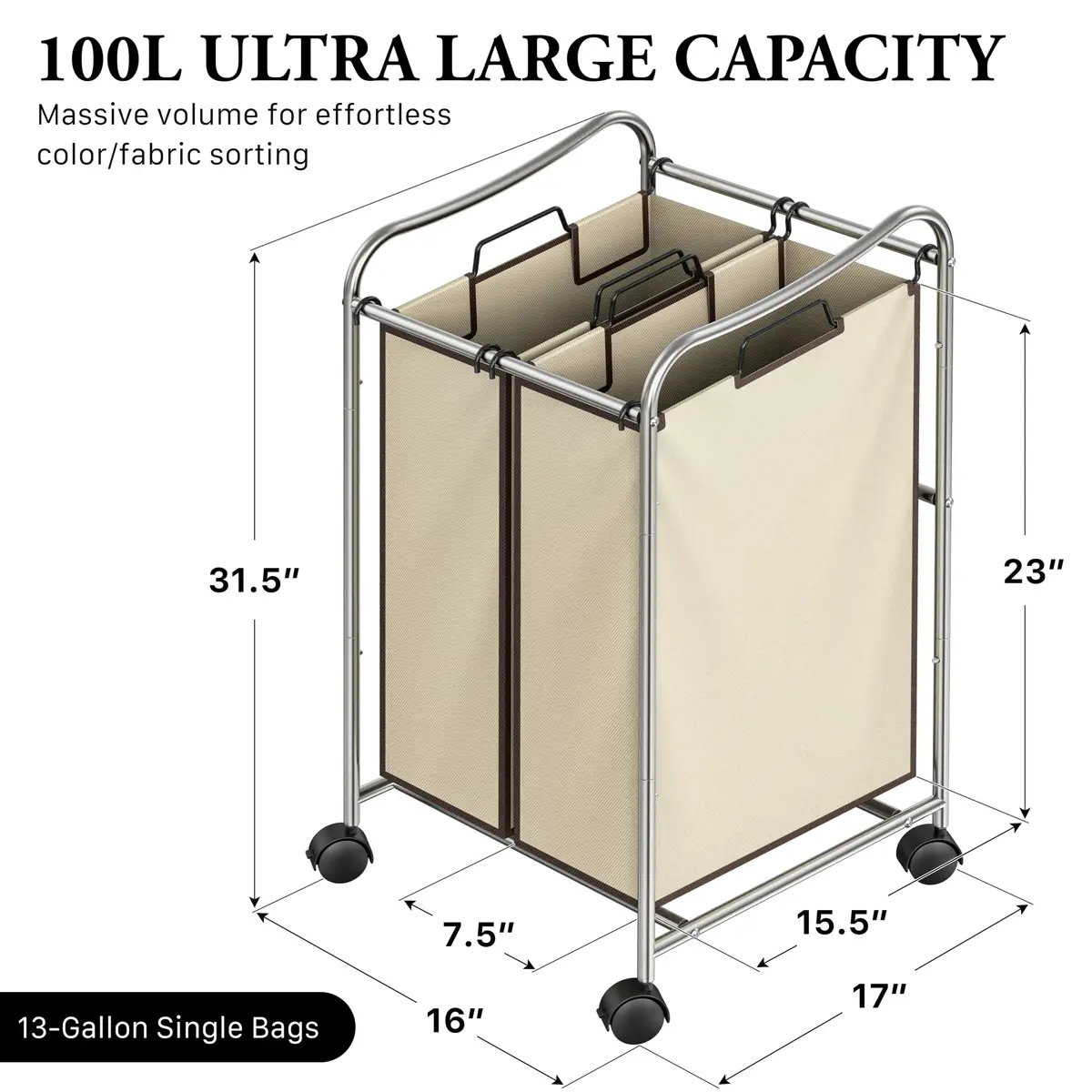 Simple Houseware 2-Bag Heavy Duty Laundry Sorter Rolling Cart, Chrome | Space-Saving Laundry Organizer with Removable Bags - view 2