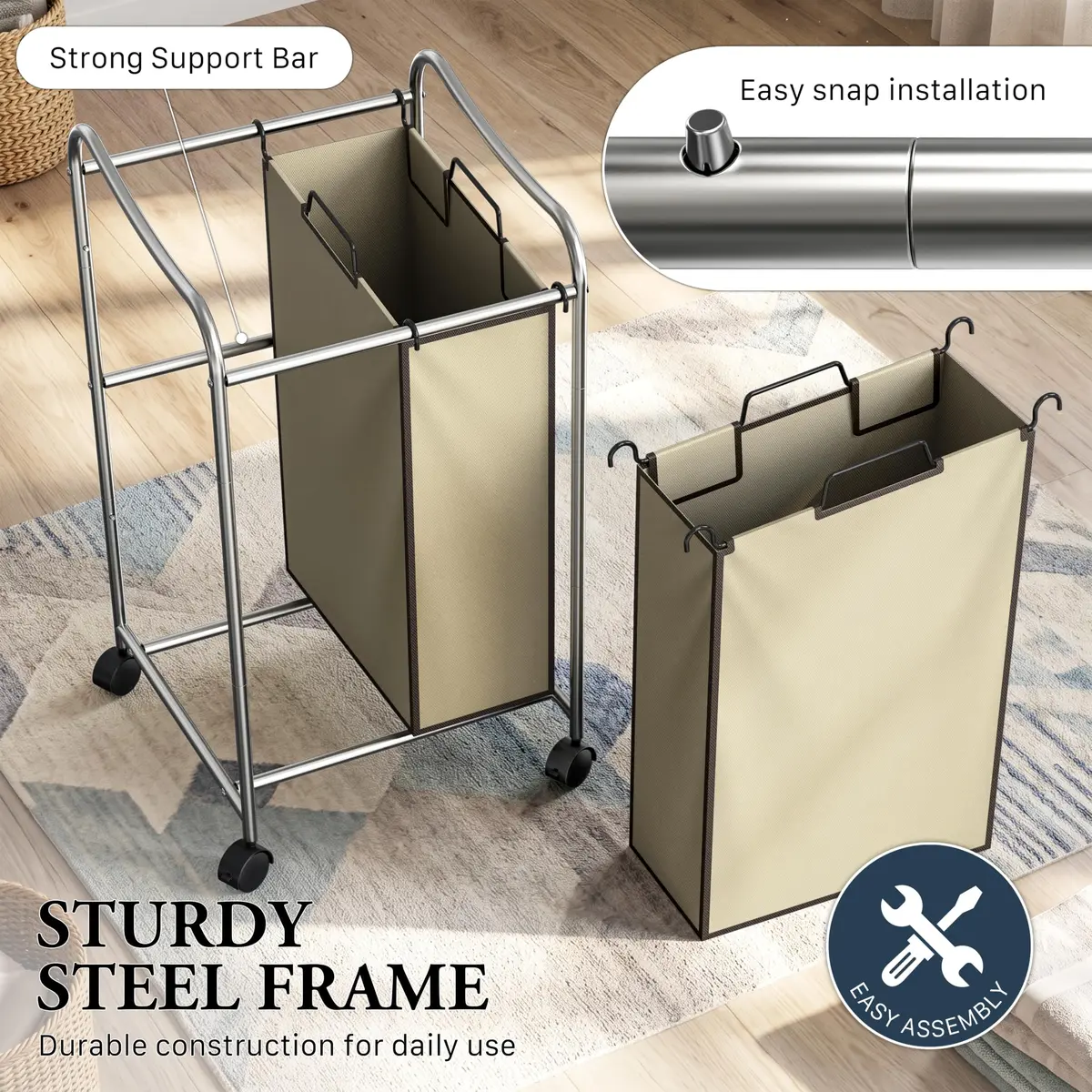 Simple Houseware 2-Bag Heavy Duty Laundry Sorter Rolling Cart, Chrome | Space-Saving Laundry Organizer with Removable Bags - view 3