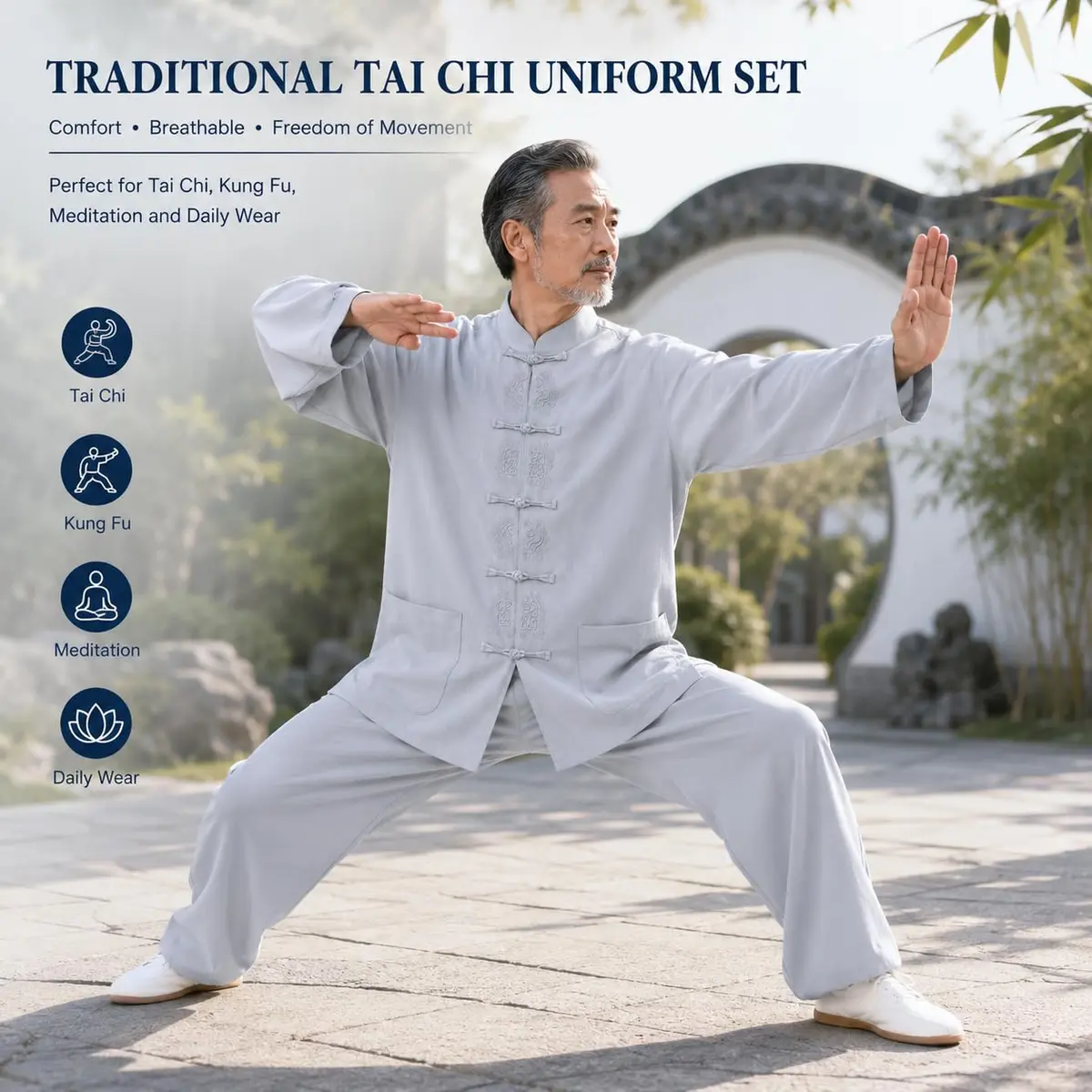 ZooBoo Tai Chi Uniform Set – Traditional Tang Kungfu Suit for Wing Chun, Shaolin, Wushu, Martial Arts Training & Meditation (L, Light grey) - view 3