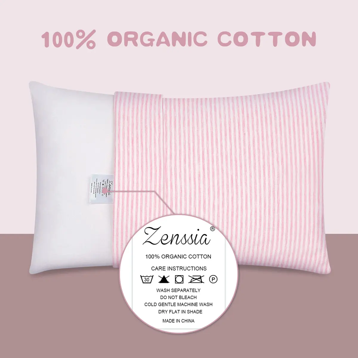 Zenssia Organic Cotton Toddler Pillow Case 33x46 cm (13x18 Inches), 2 Pack Pink Stripe | Soft & Breathable for Baby - view 2