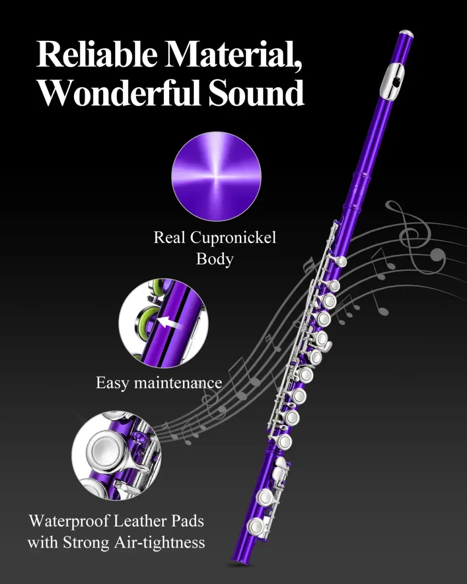Eastar Closed Hole 16 Keys Flute for Beginner Kids Student with Fingering Chart, Cleaning Kit, Stand, Case, Gloves, Tuning Rod, Purple | Beginner Concert Flute - view 5