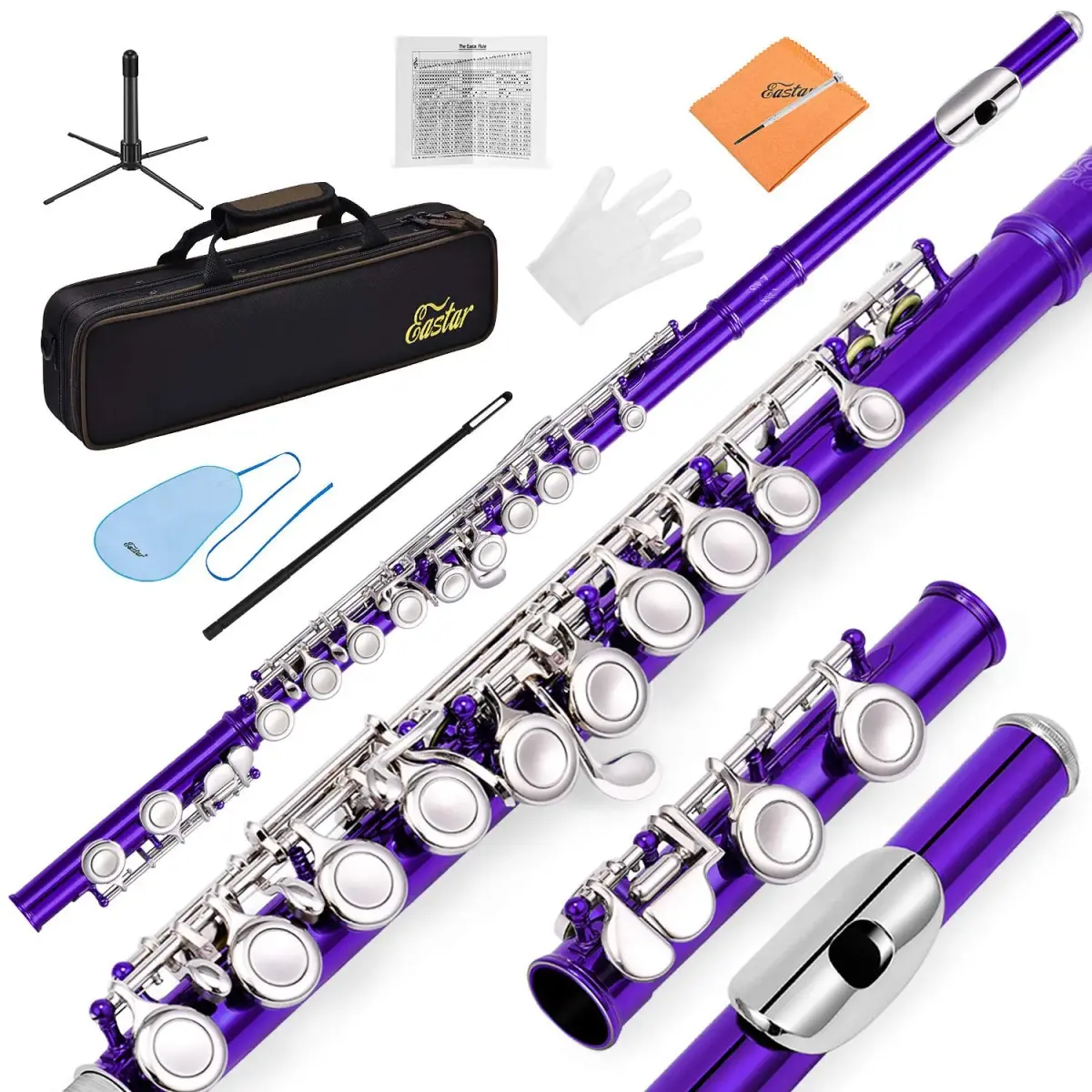 Eastar Closed Hole 16 Keys Flute for Beginner Kids Student with Fingering Chart, Cleaning Kit, Stand, Case, Gloves, Tuning Rod, Purple | Beginner Concert Flute - main product image